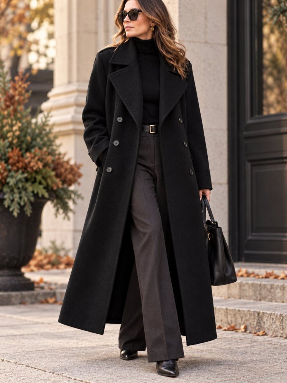 Anne Klein Wool Cashmere Black Maxi Coat 12 Double Breasted USA Vintage EUC